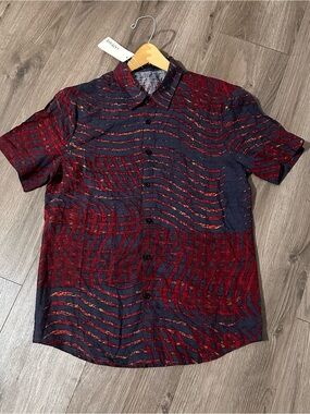 Short-Sleeve Cotton Shirt Button-Down in Burgundy and Navy NWT